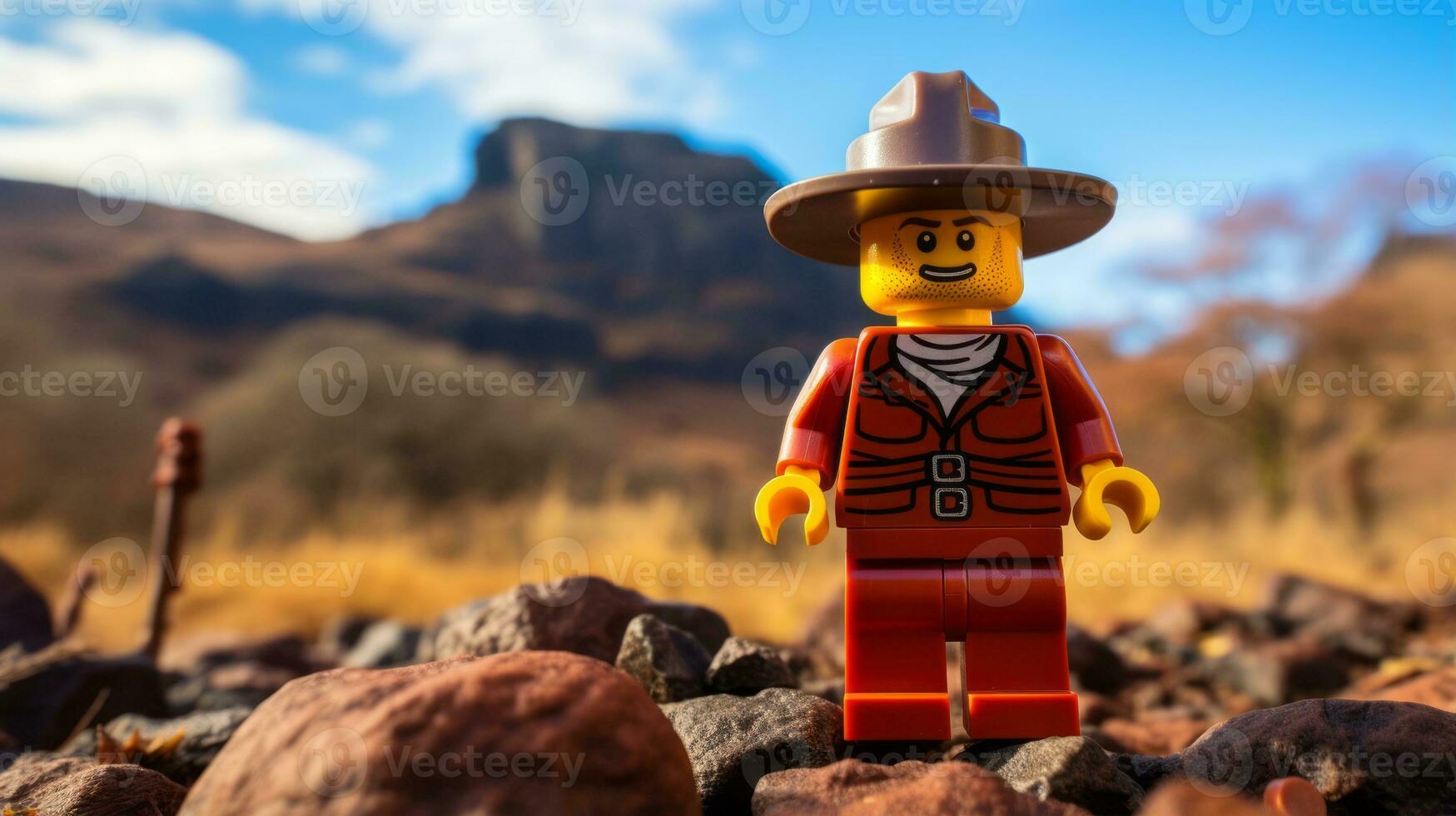 Lego personagem explorando uma épico Lego mundo ai generativo foto