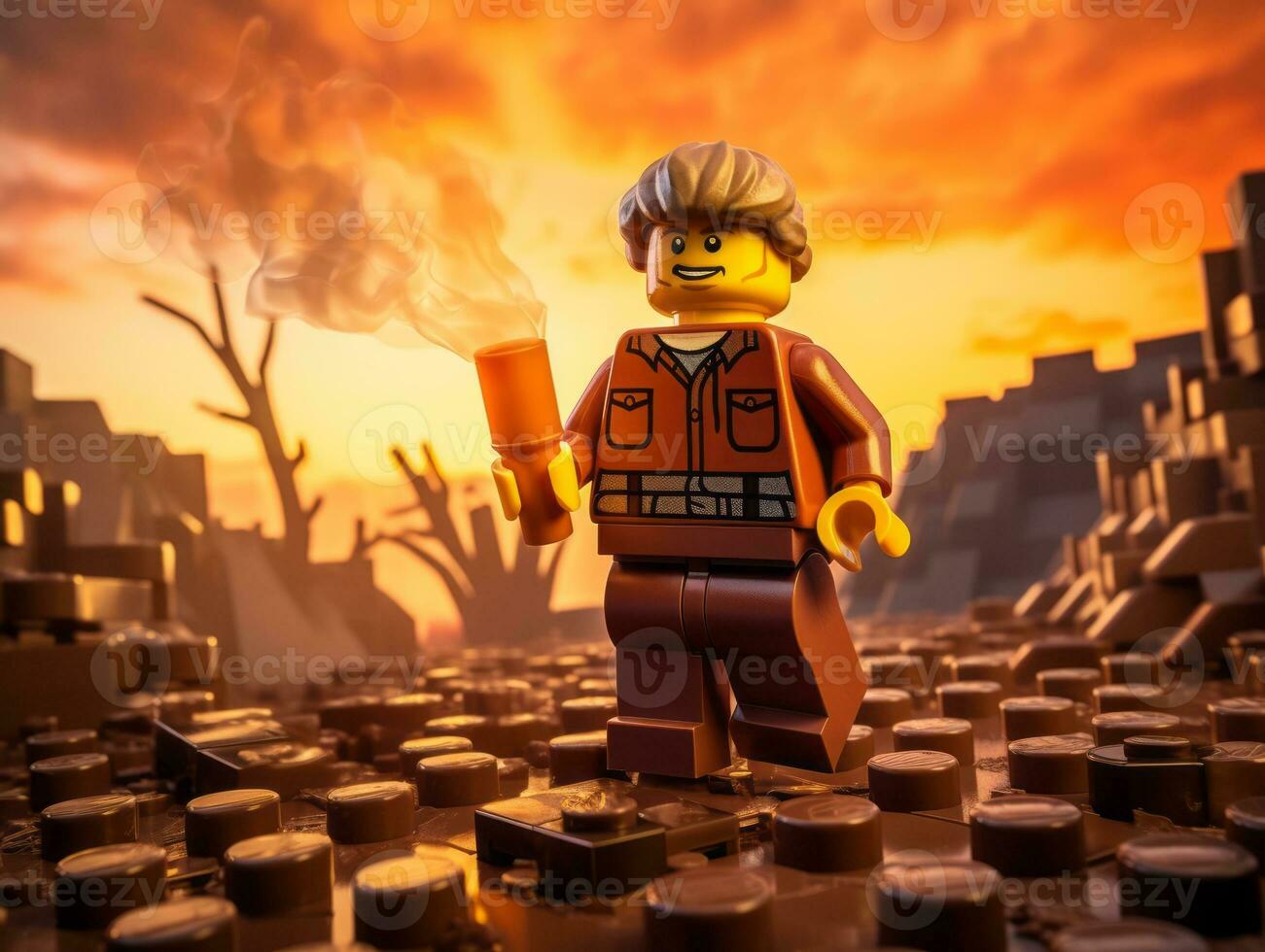 Lego personagem explorando uma épico Lego mundo ai generativo foto