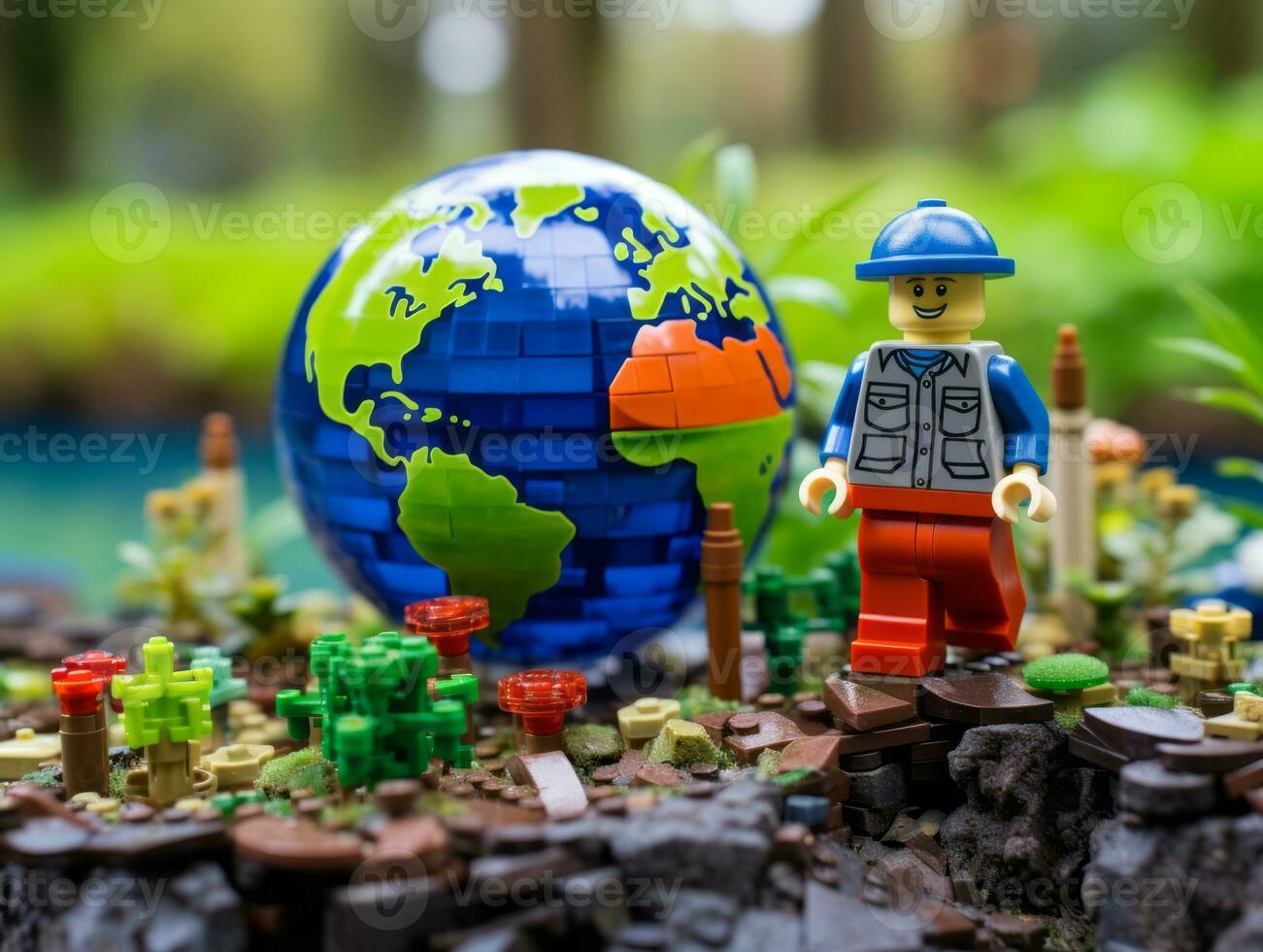 Lego personagem explorando uma épico Lego mundo ai generativo foto