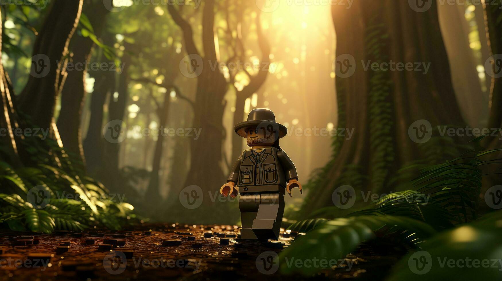 Lego personagem explorando uma épico Lego mundo ai generativo foto