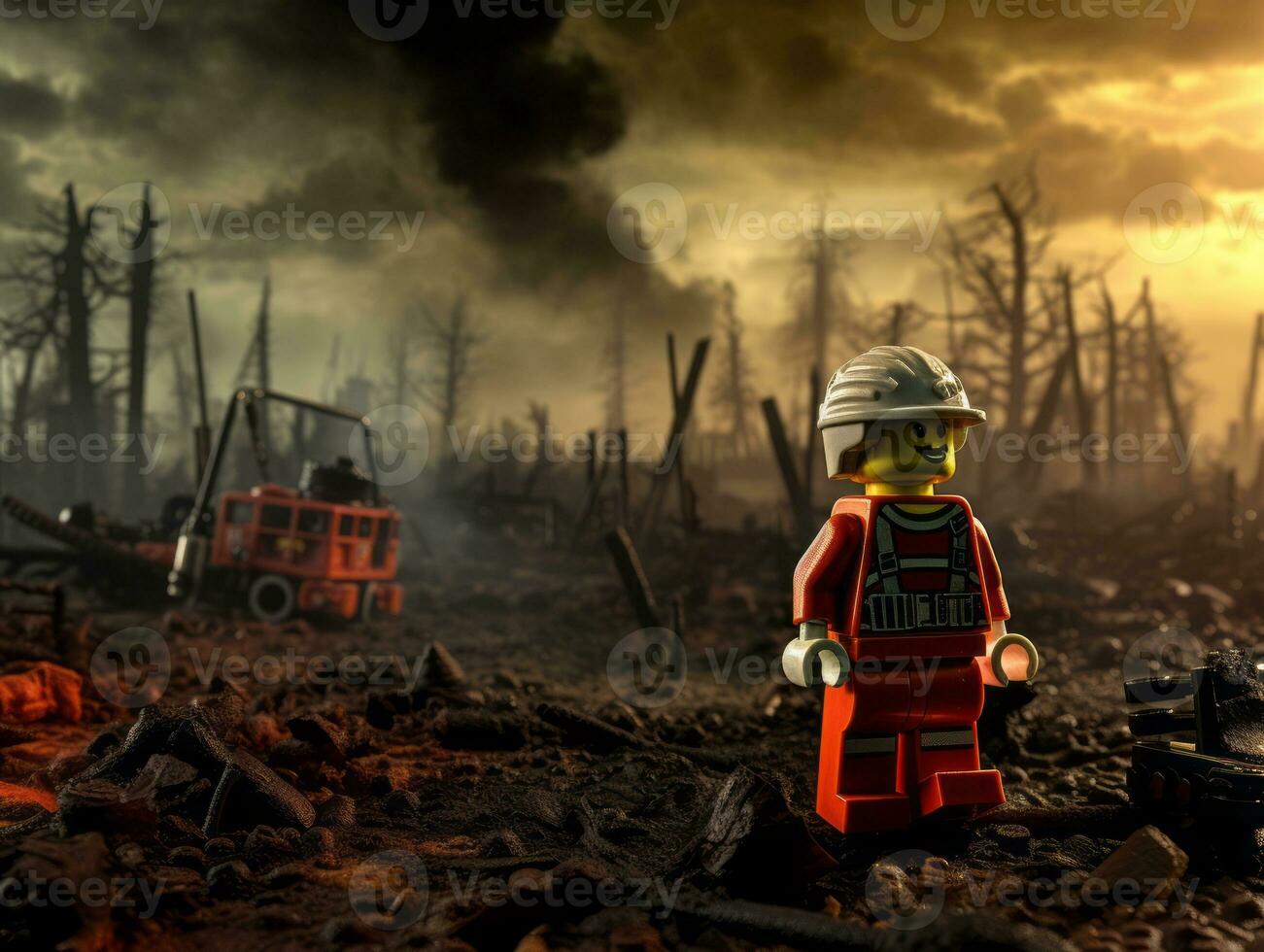 Lego personagem explorando uma épico Lego mundo ai generativo foto