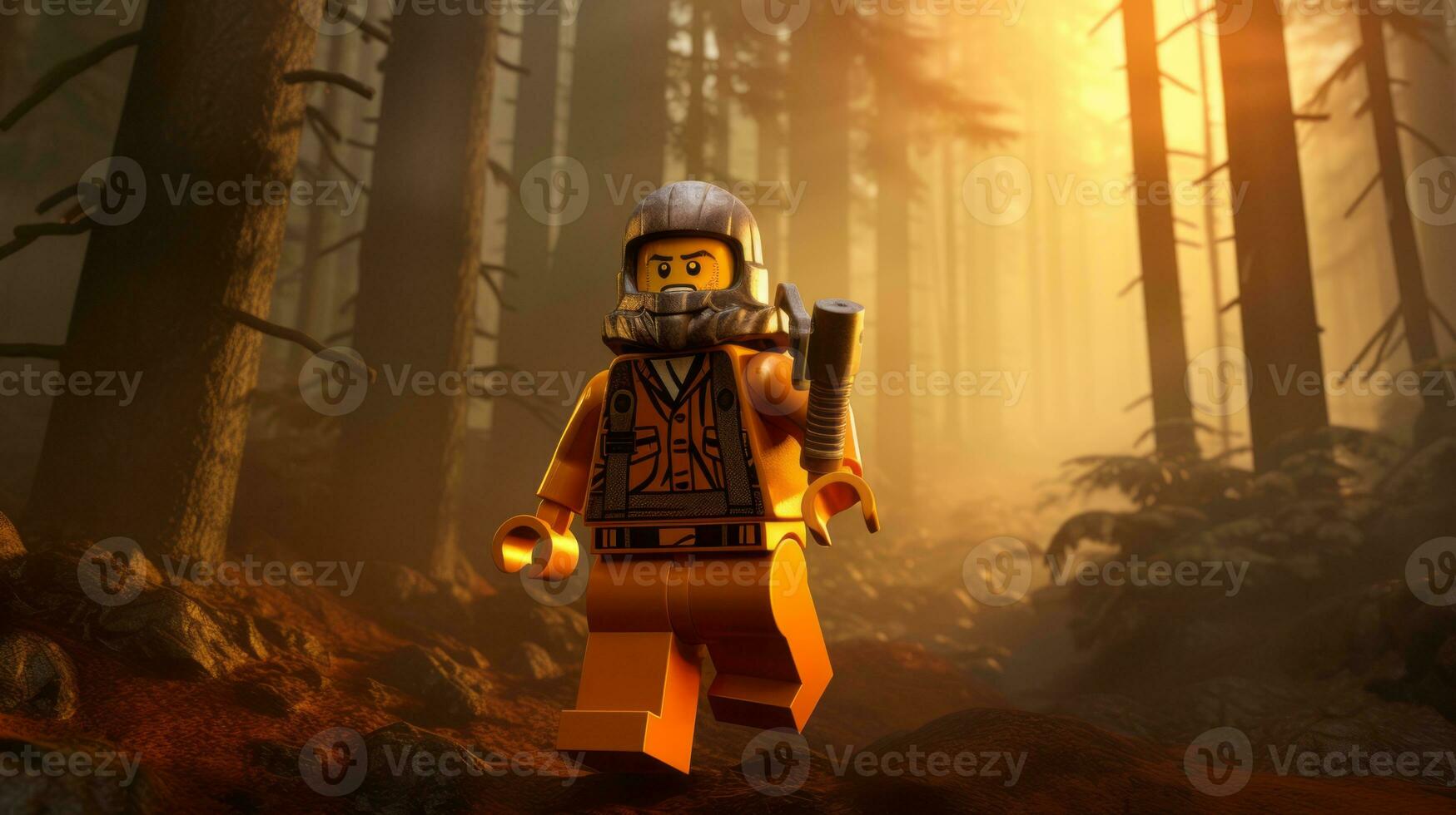 Lego personagem explorando uma épico Lego mundo ai generativo foto