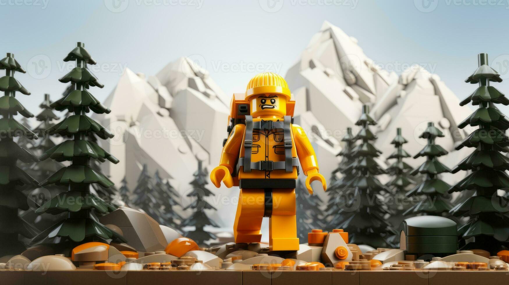 Lego personagem explorando uma épico Lego mundo ai generativo foto