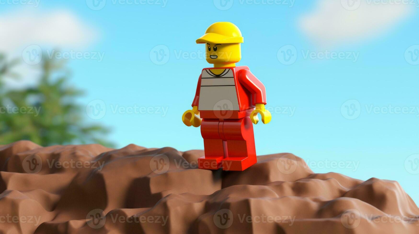 Lego personagem explorando uma épico Lego mundo ai generativo foto