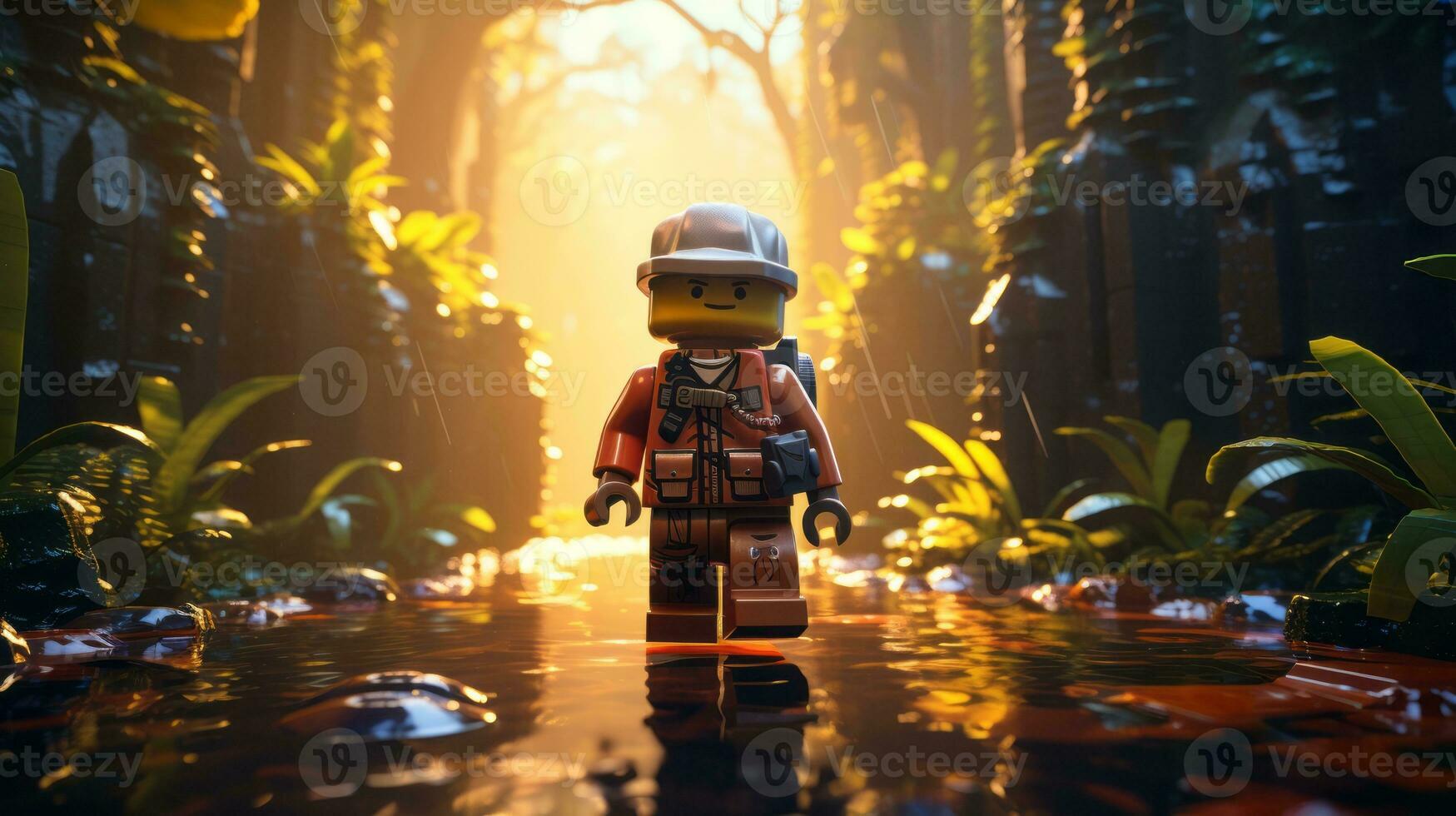 Lego personagem explorando uma épico Lego mundo ai generativo foto