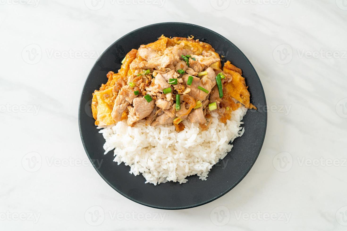 Carne de porco frita com alho e ovo coberto com arroz - comida asiática foto