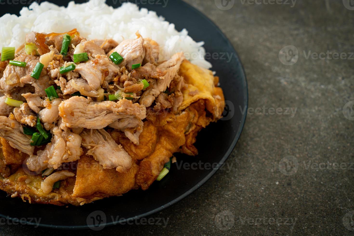 Carne de porco frita com alho e ovo coberto com arroz - comida asiática foto