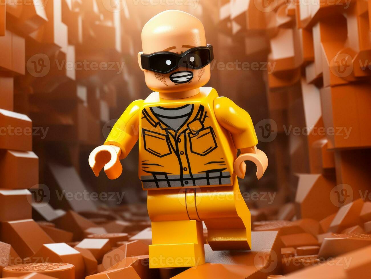 Lego personagem explorando uma épico Lego mundo ai generativo foto