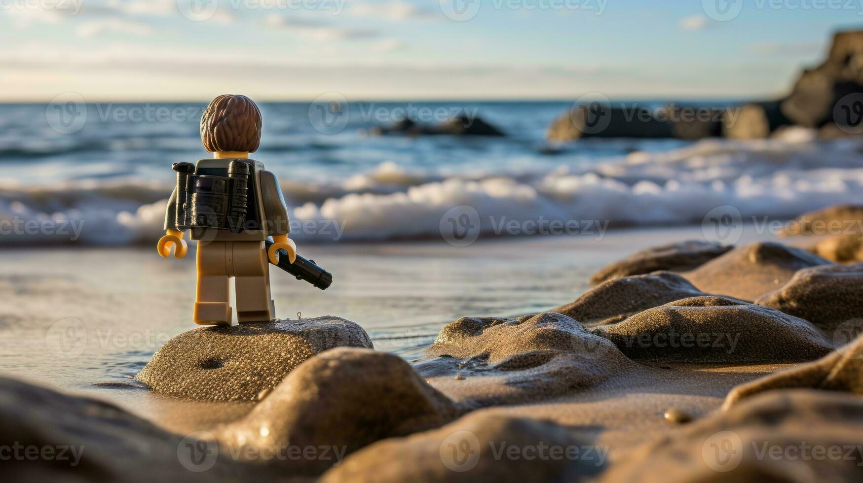 Lego personagem explorando uma épico Lego mundo ai generativo foto