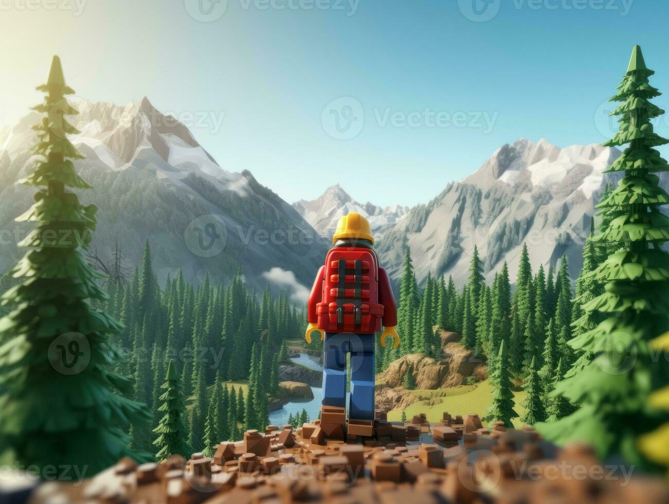 Lego personagem explorando uma épico Lego mundo ai generativo foto