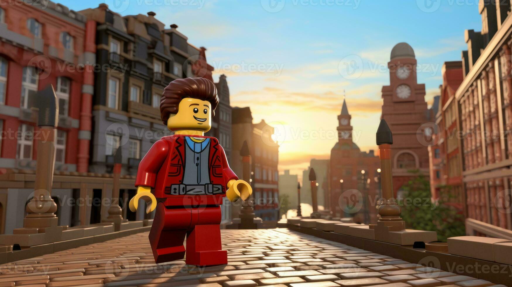 Lego personagem explorando uma épico Lego mundo ai generativo foto