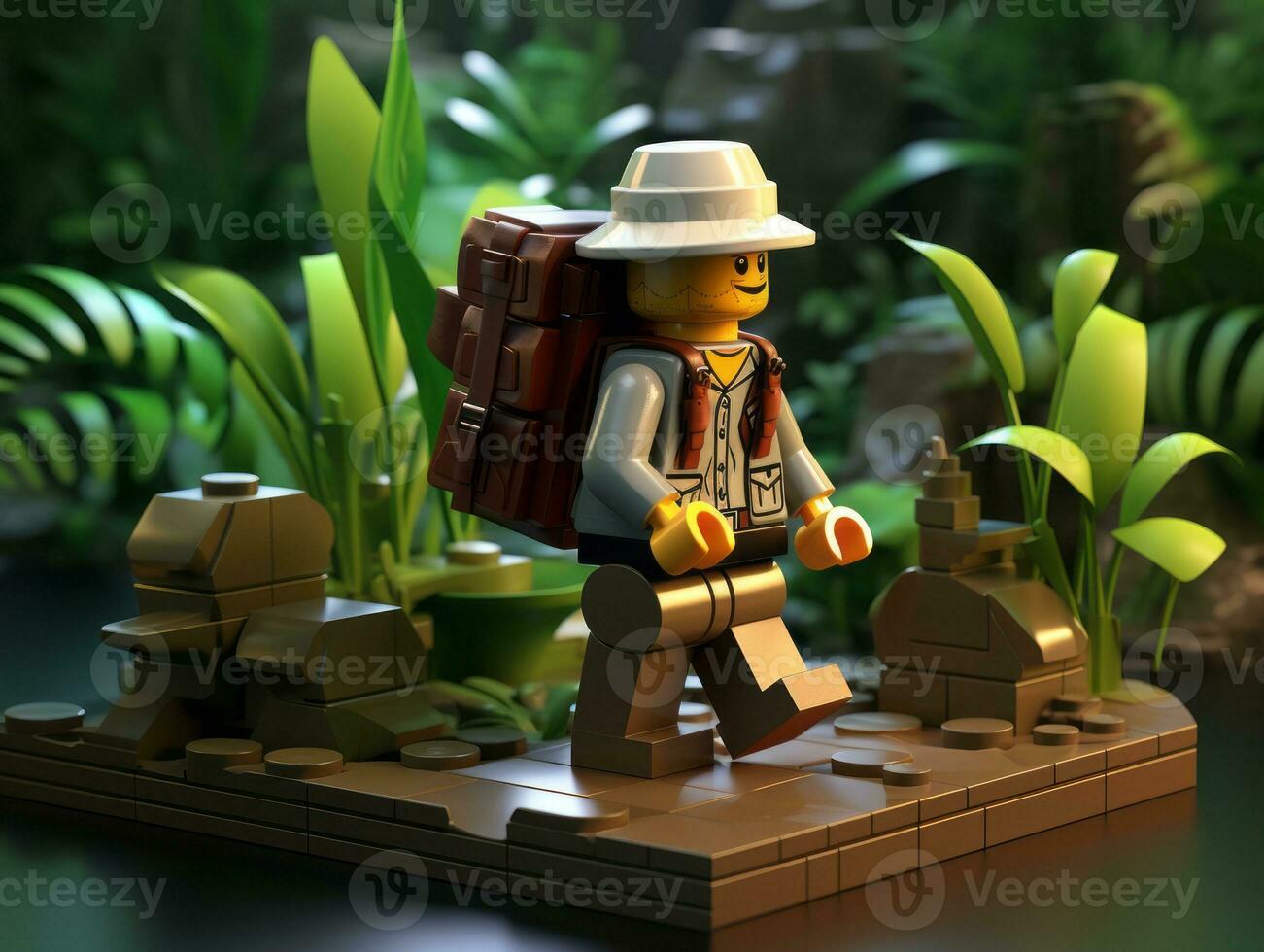 Lego personagem explorando uma épico Lego mundo ai generativo foto