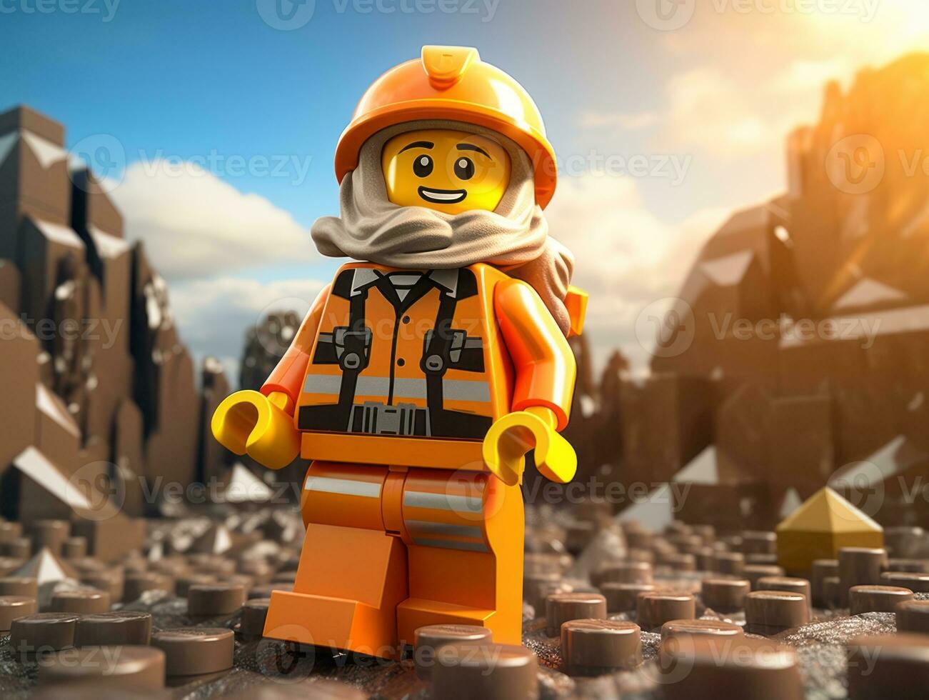 Lego personagem explorando uma épico Lego mundo ai generativo foto