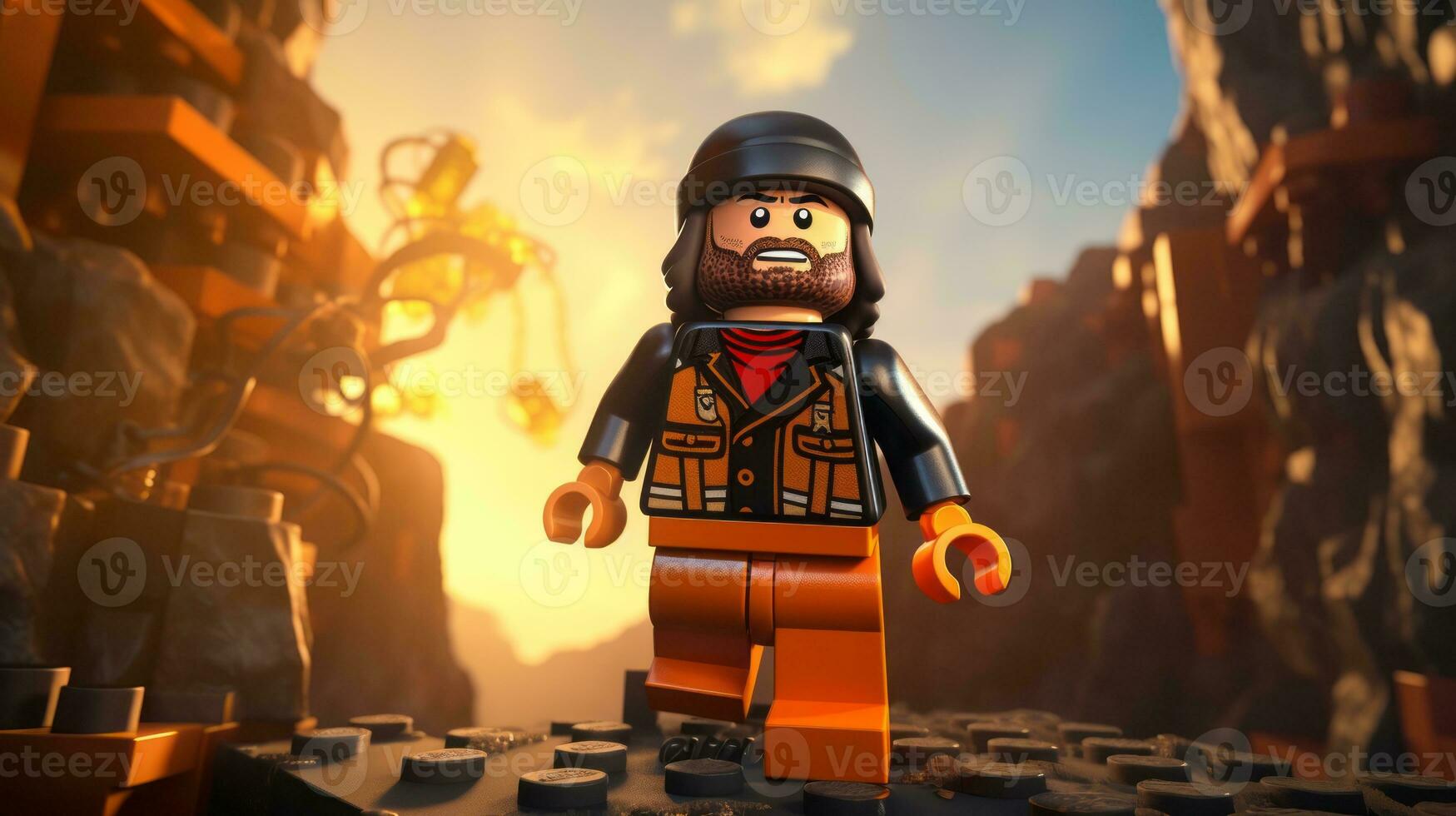 Lego personagem explorando uma épico Lego mundo ai generativo foto