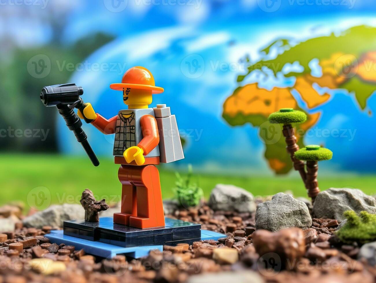 Lego personagem explorando uma épico Lego mundo ai generativo foto