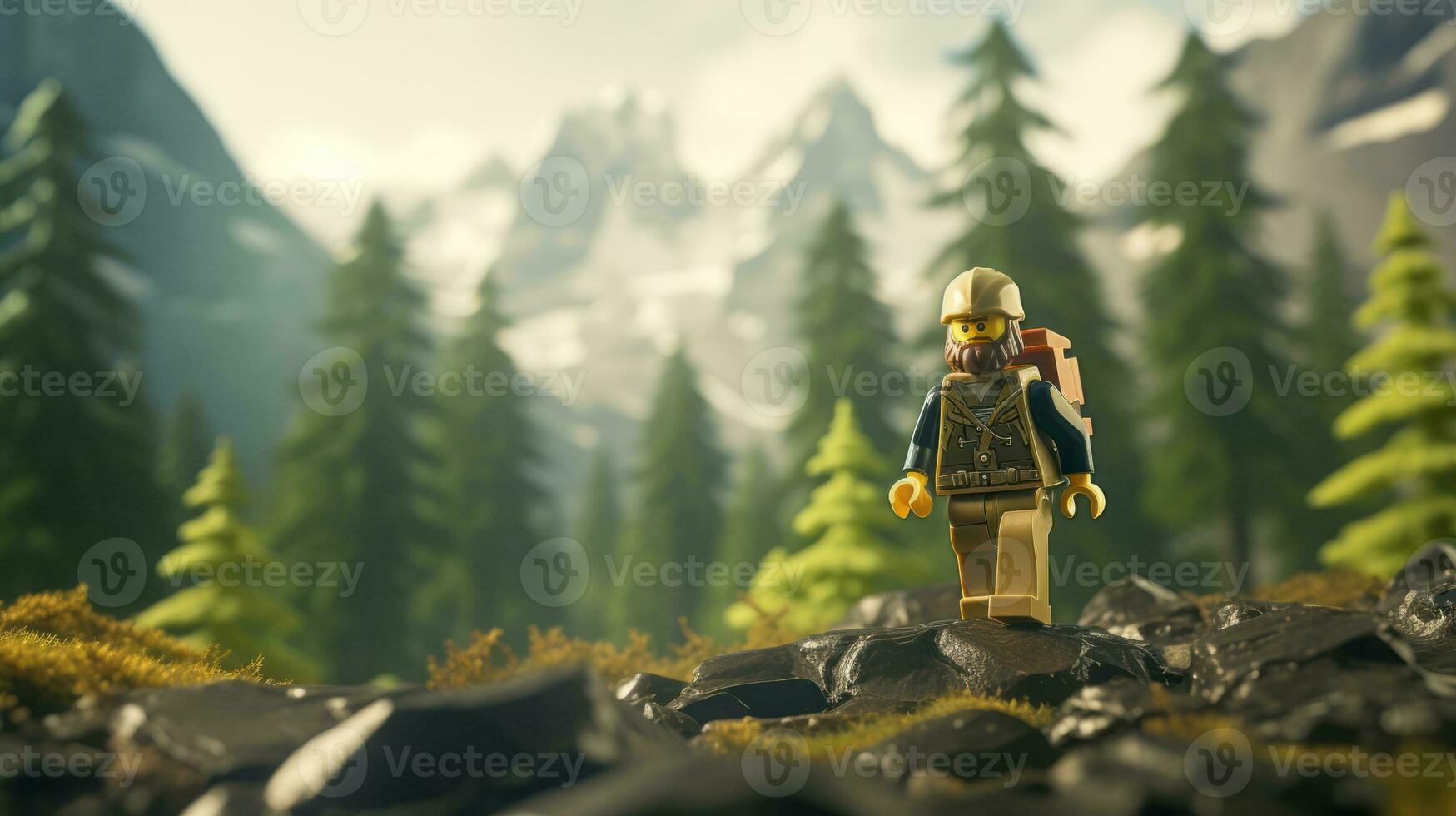 Lego personagem explorando uma épico Lego mundo ai generativo foto