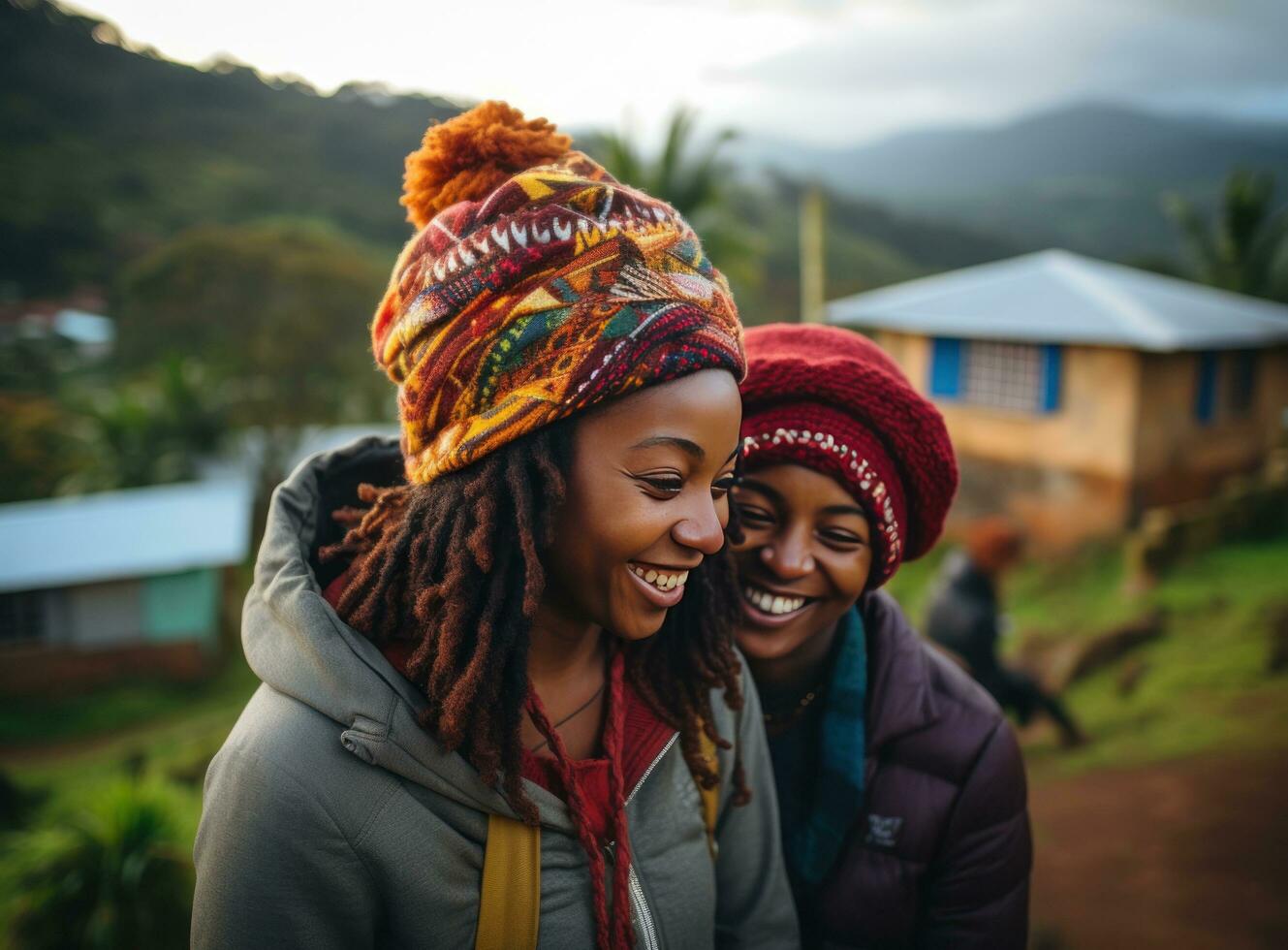 dois amigos segurando uma gorro e sorridente foto