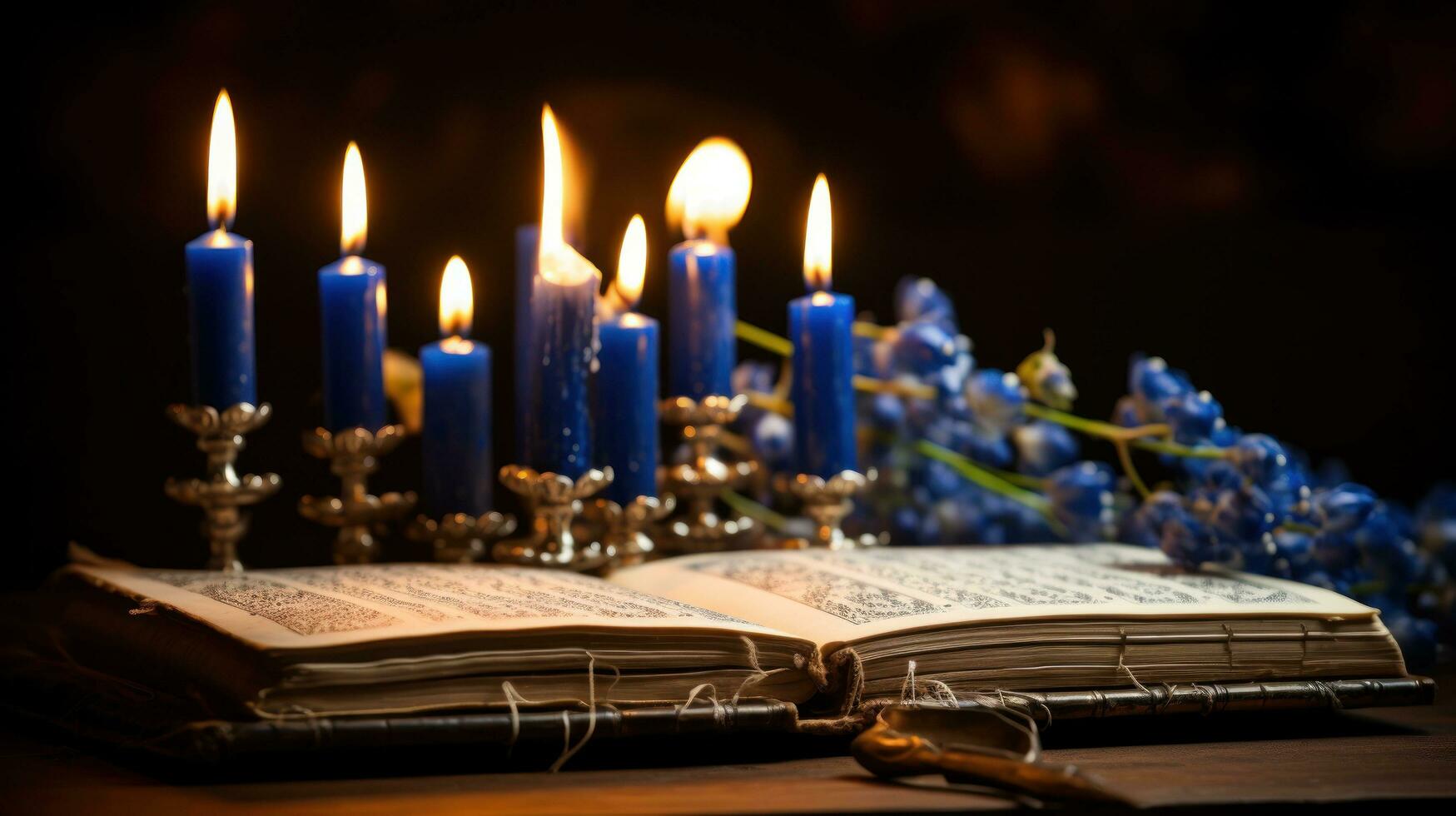 hanukkah velas com hebraico oração livro foto