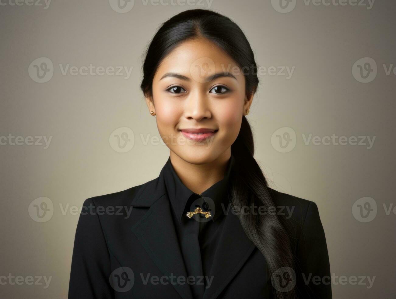 sorridente jovem mulher do ásia descida vestido dentro elegante vestir ai generativo foto