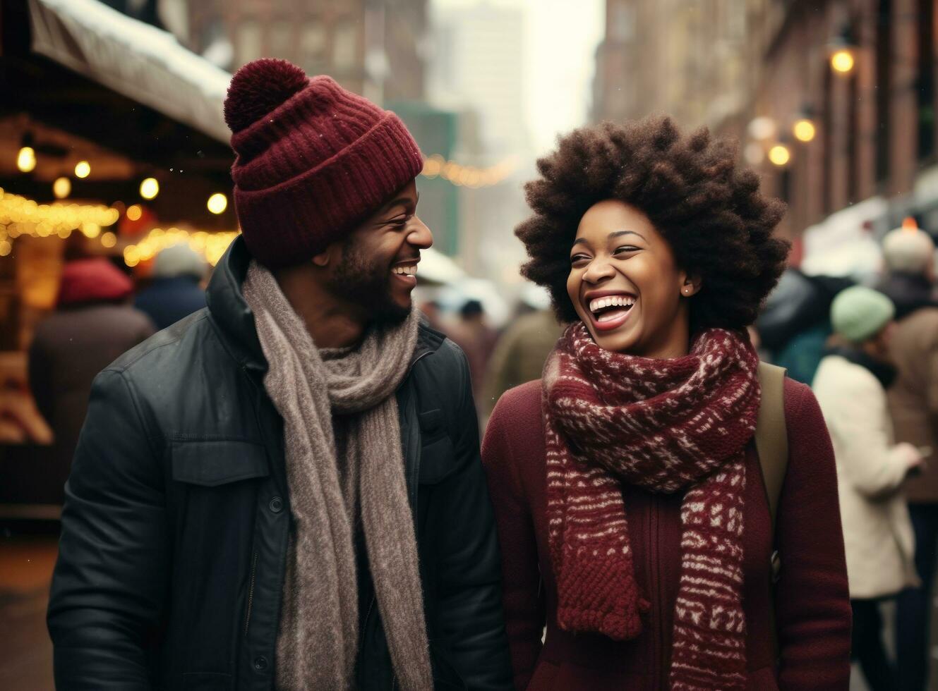 uma casal segurando mãos enquanto rindo e partilha uma chapéu ou gorro dentro inverno cidade foto