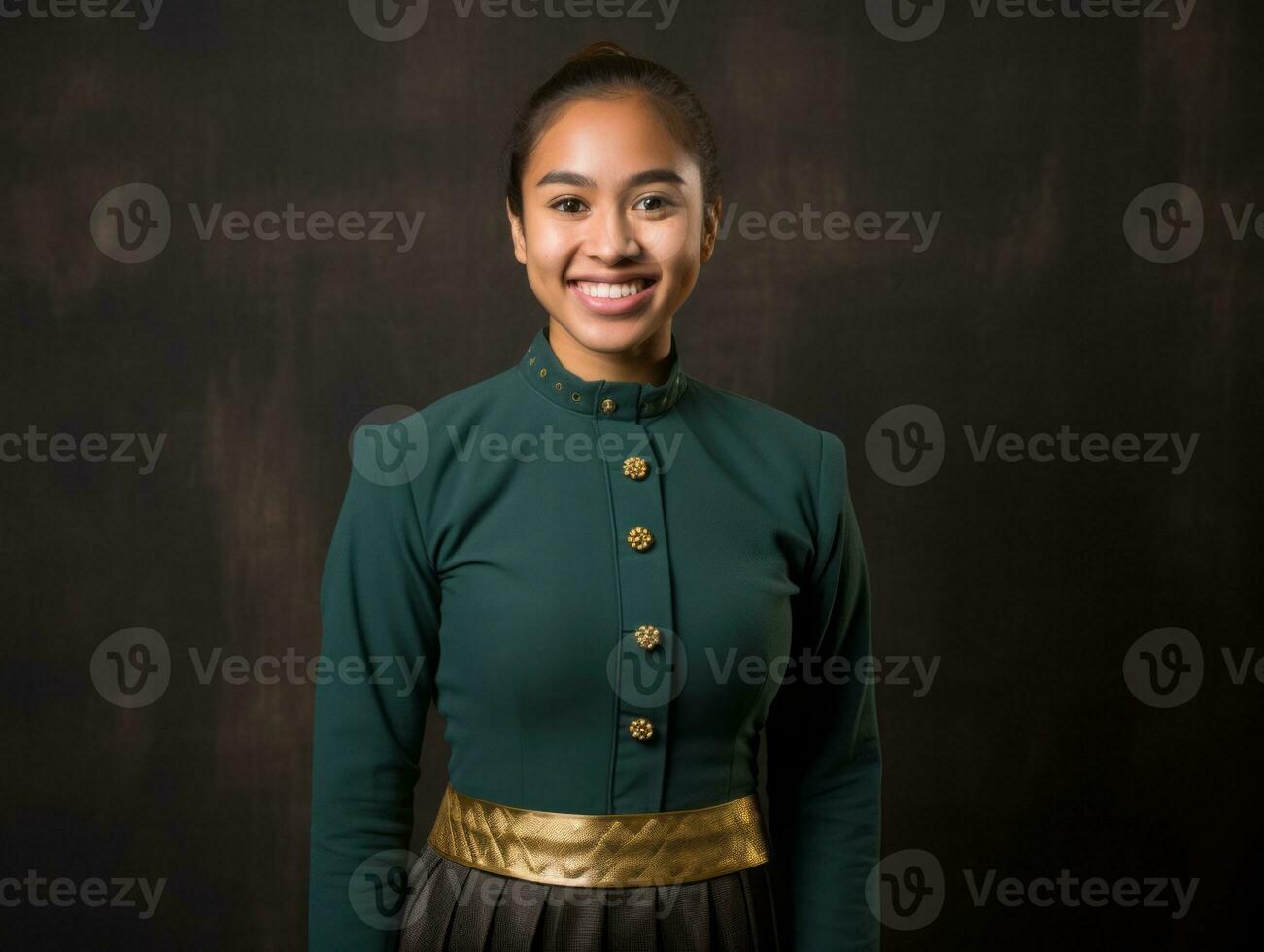 sorridente jovem mulher do ásia descida vestido dentro elegante vestir ai generativo foto