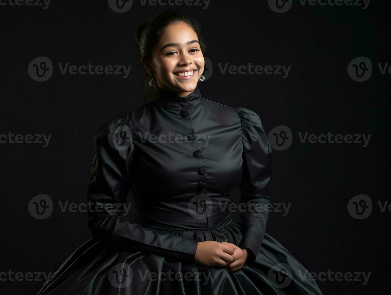 sorridente jovem mulher do ásia descida vestido dentro elegante vestir ai generativo foto