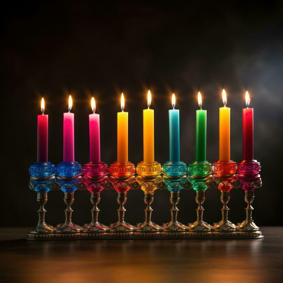 menorah com colorida velas contra Sombrio fundo foto