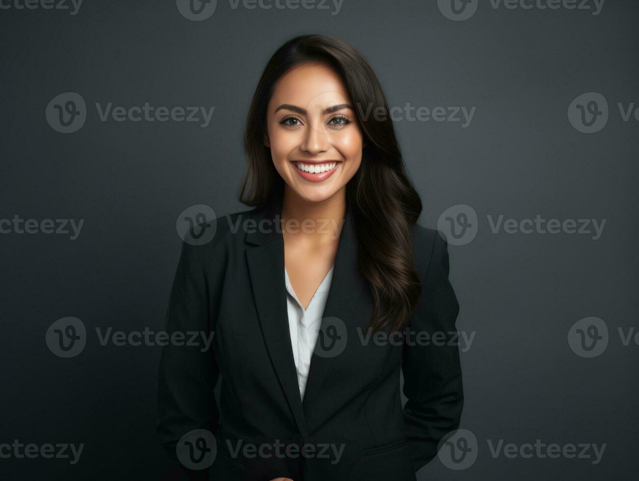 sorridente jovem mulher do ásia descida vestido dentro elegante vestir ai generativo foto