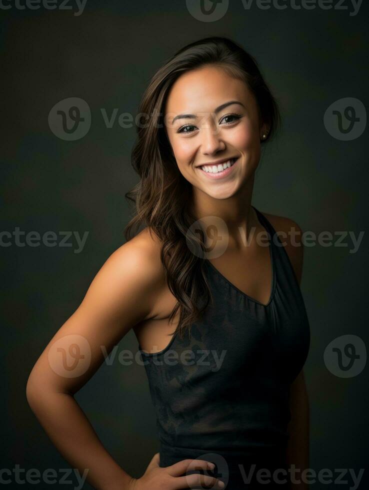 sorridente jovem mulher do ásia descida vestido dentro elegante vestir ai generativo foto