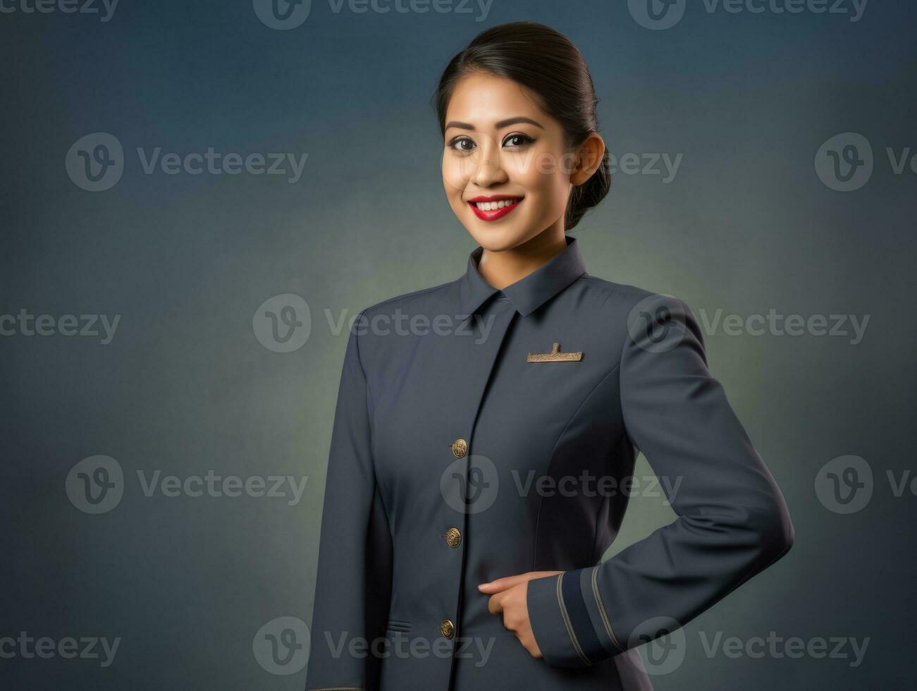 sorridente jovem mulher do ásia descida vestido dentro elegante vestir ai generativo foto