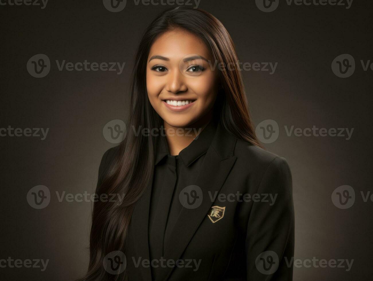 sorridente jovem mulher do ásia descida vestido dentro elegante vestir ai generativo foto