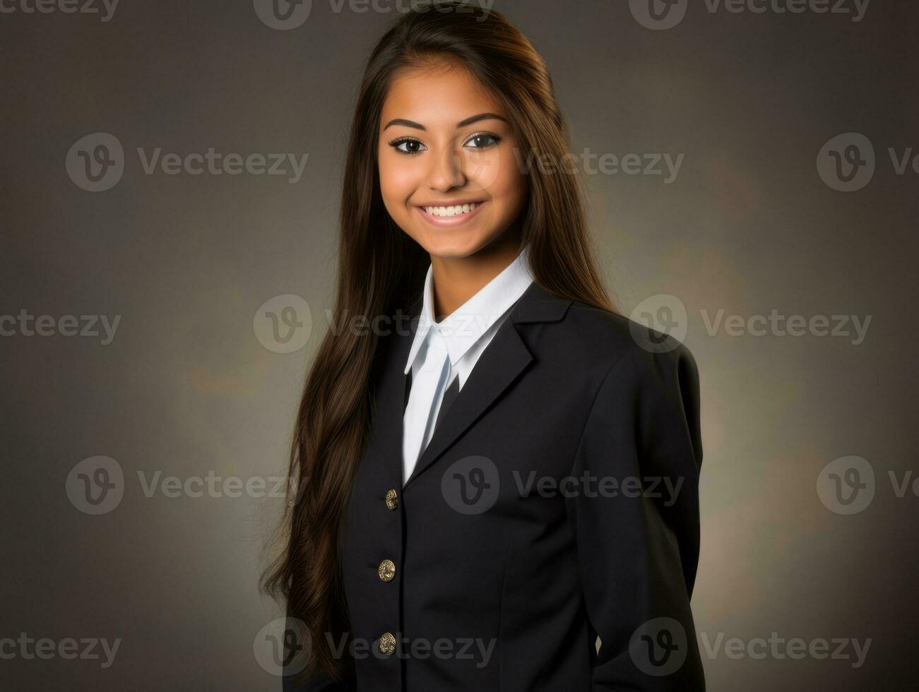 sorridente jovem mulher do ásia descida vestido dentro elegante vestir ai generativo foto