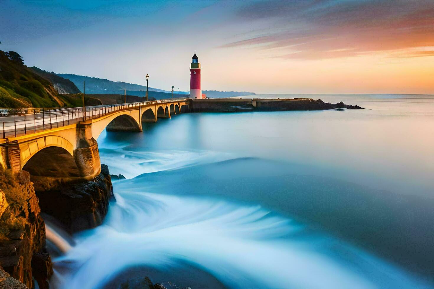 uma farol e ponte sobre a oceano às pôr do sol. gerado por IA foto