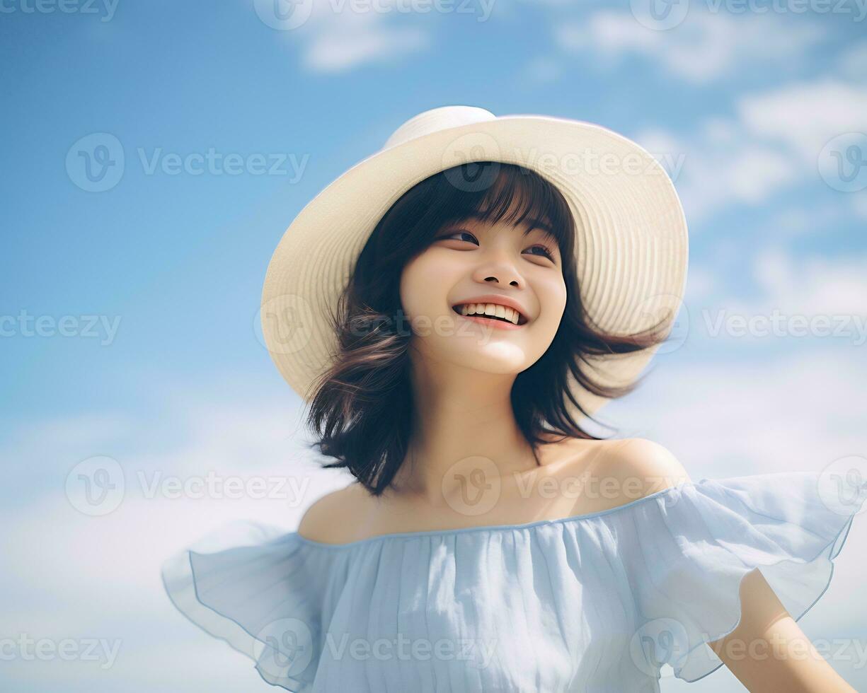 alegre ásia menina desfrutando verão ai generativo foto