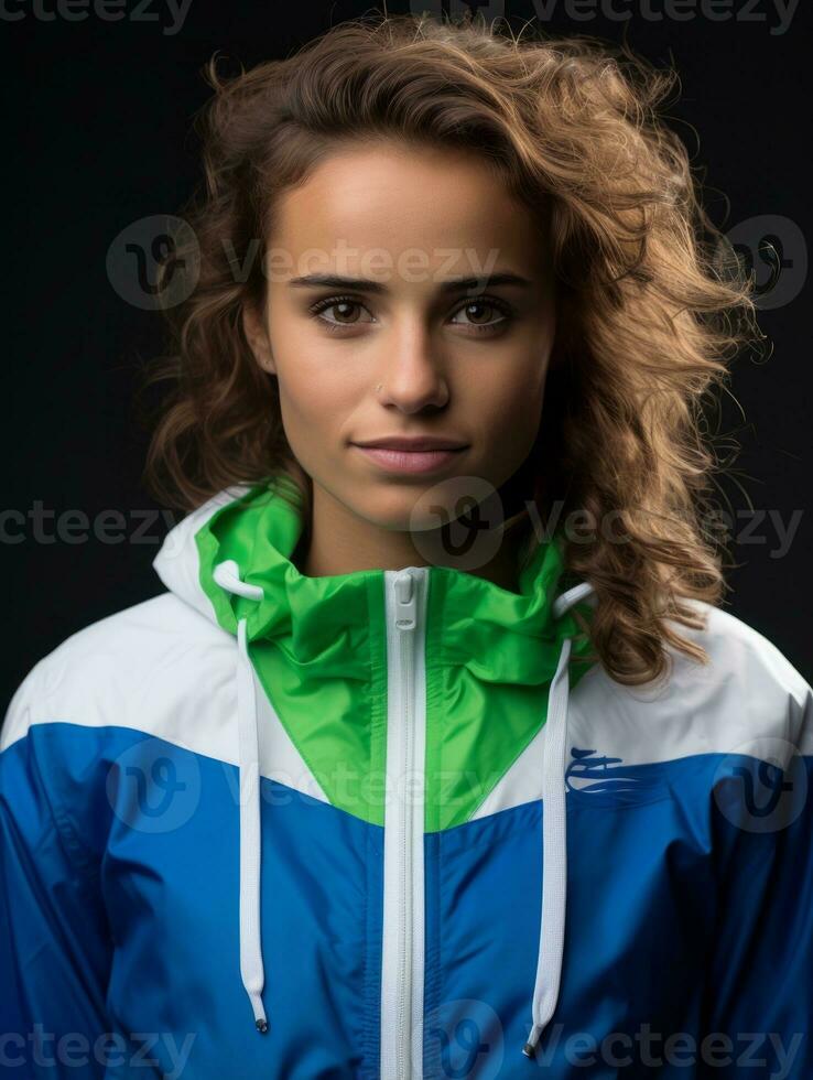 jovem europeu mulher vestido dentro roupa de esporte claramente ativo e cheio do energia ai generativo foto