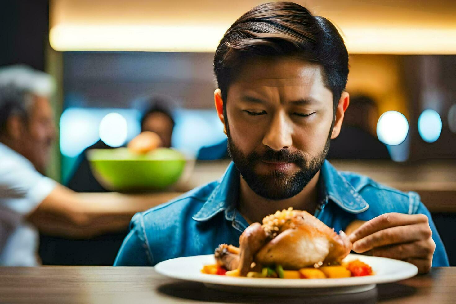 uma homem comendo uma frango perna em uma placa. gerado por IA foto