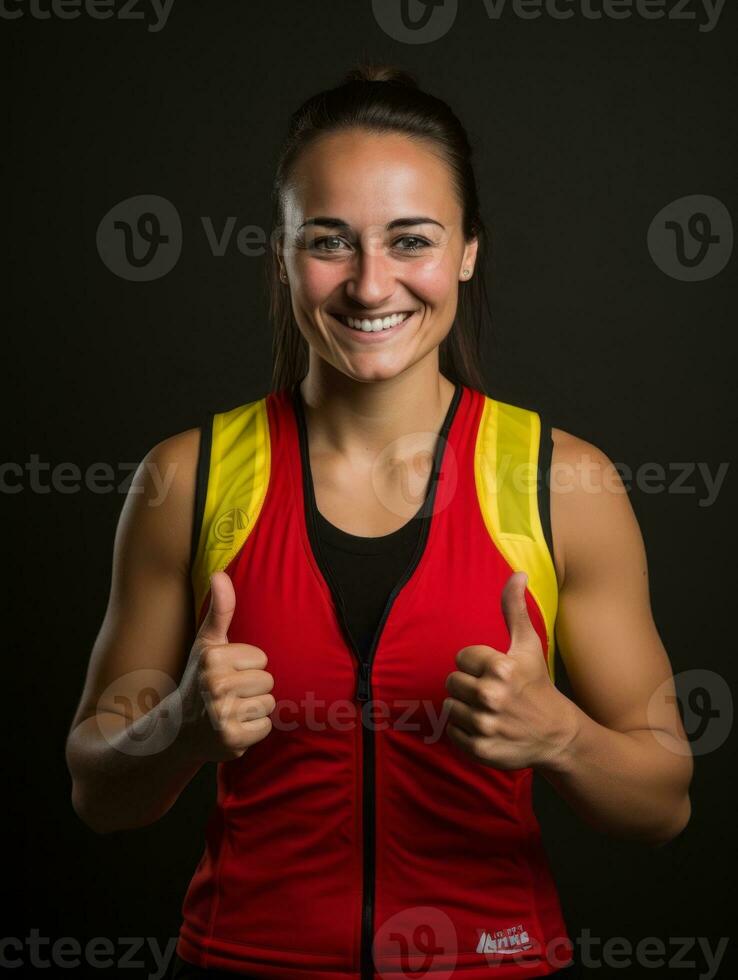 jovem europeu mulher vestido dentro roupa de esporte claramente ativo e cheio do energia ai generativo foto