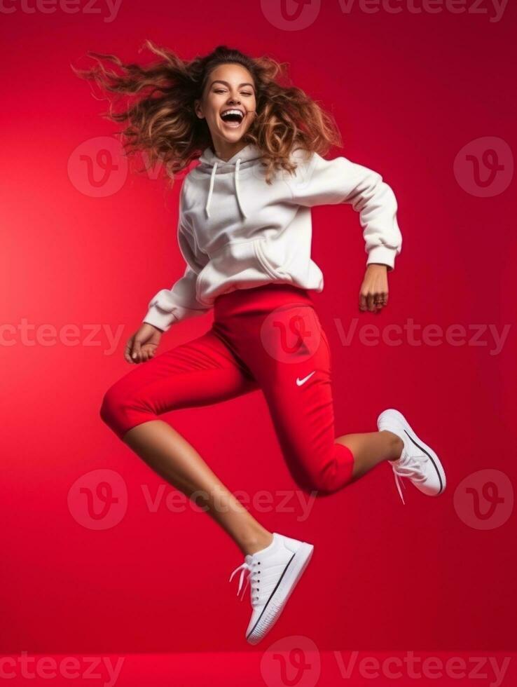 jovem europeu mulher vestido dentro roupa de esporte claramente ativo e cheio do energia ai generativo foto