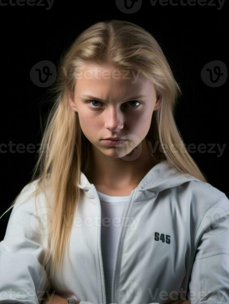 jovem europeu mulher vestido dentro roupa de esporte claramente ativo e cheio do energia ai generativo foto