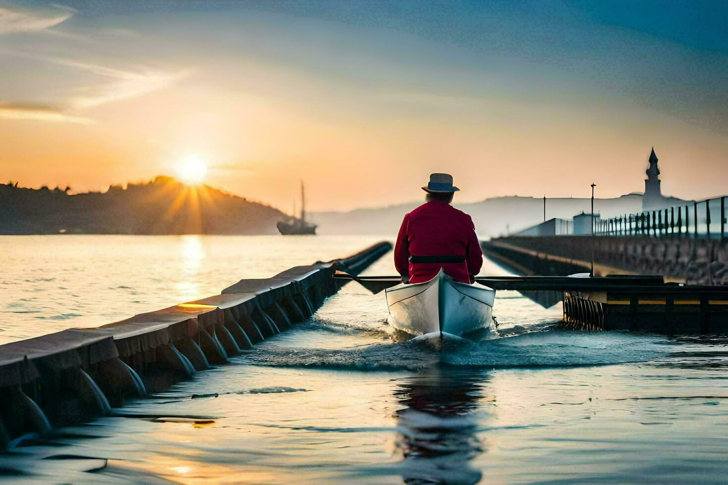 uma homem dentro uma vermelho chapéu é remo uma barco em a água. gerado por IA foto