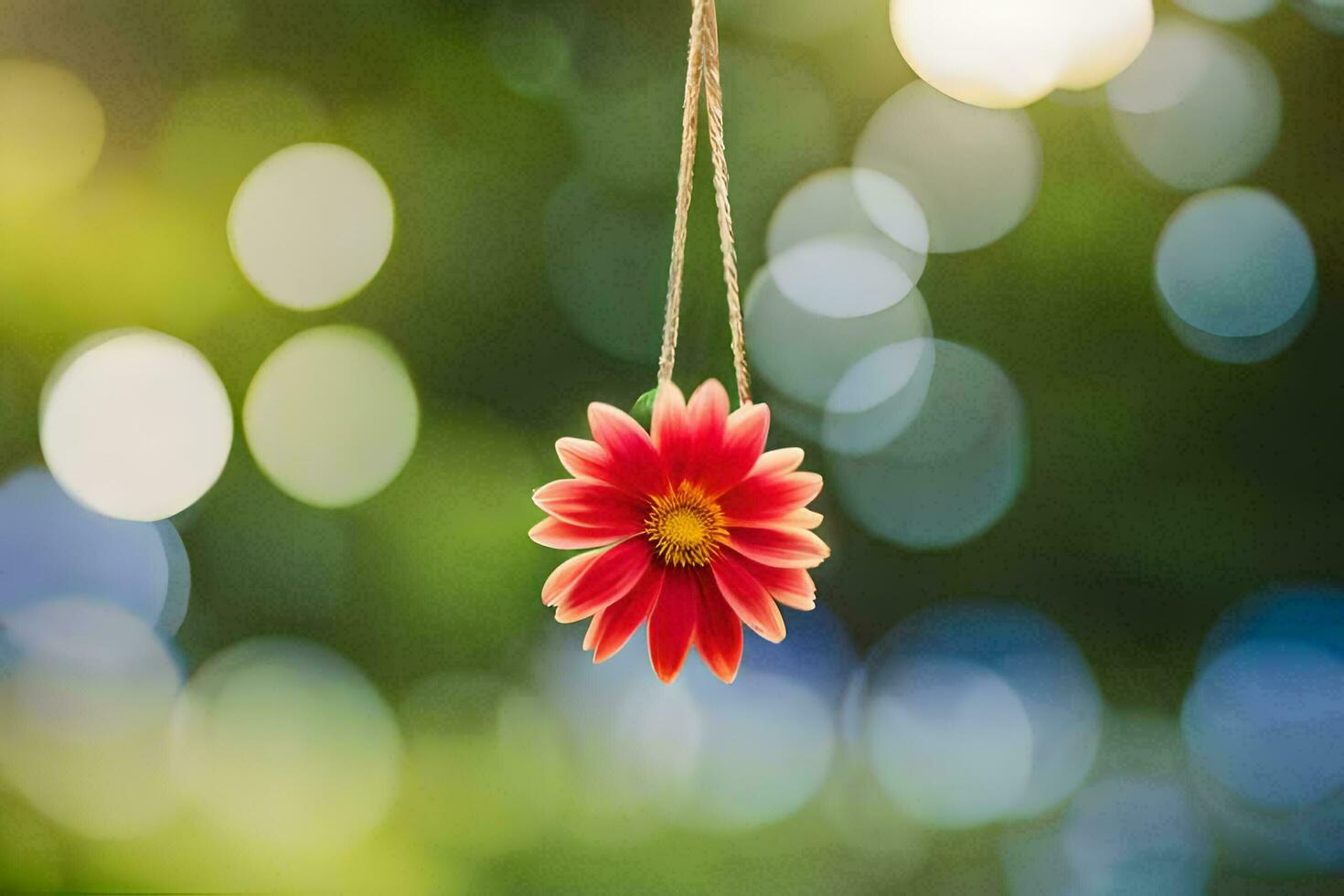 uma vermelho flor suspensão a partir de uma corda. gerado por IA foto