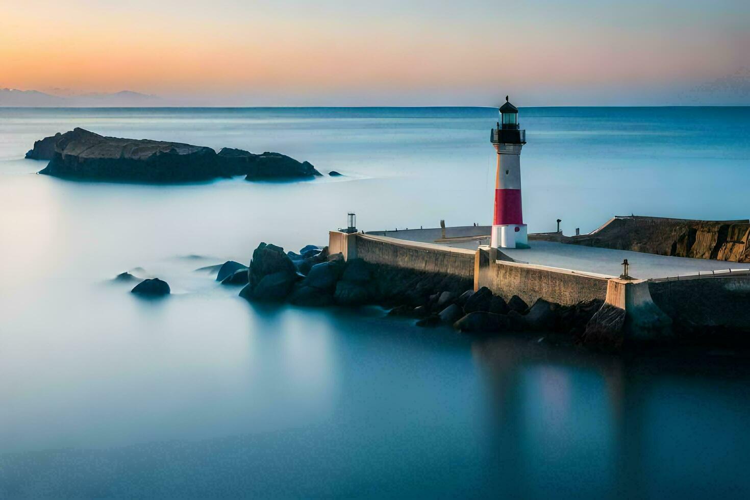 uma farol senta em a pedras às pôr do sol. gerado por IA foto