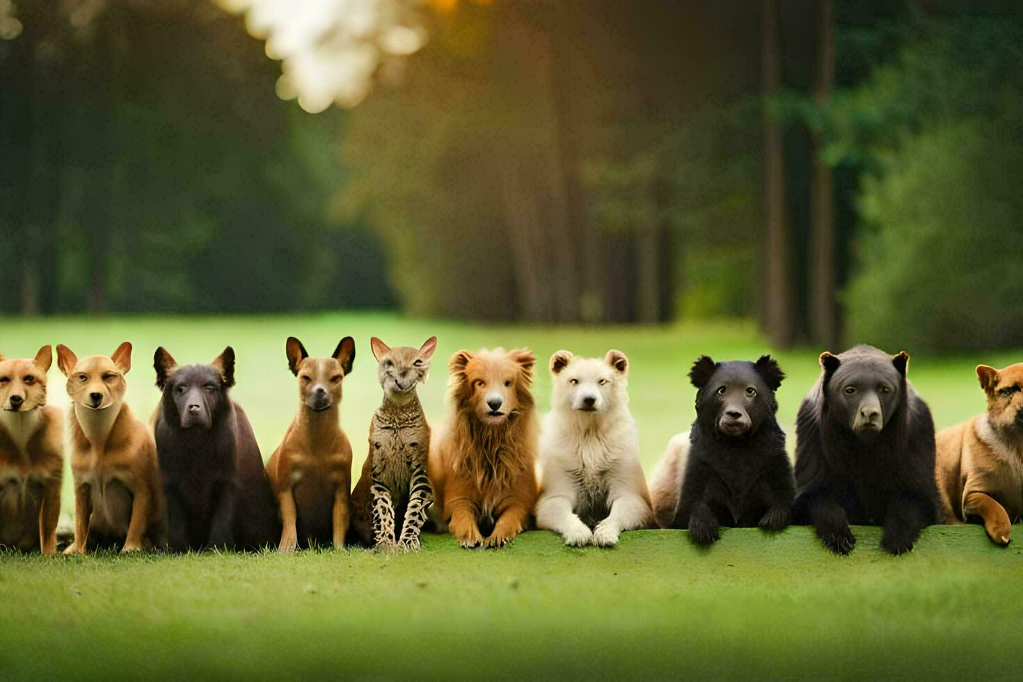 uma grupo do cachorros e gatos sentado dentro uma linha. gerado por IA foto