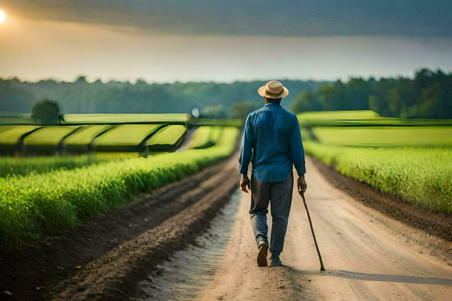 uma homem caminhando baixa uma sujeira estrada dentro uma campo. gerado por IA foto