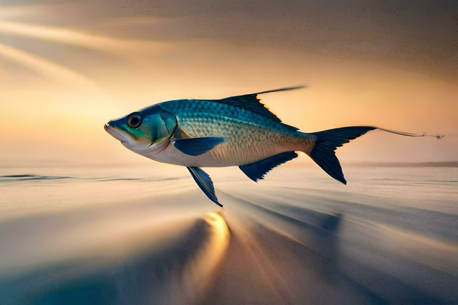 uma peixe é vôo através a ar às pôr do sol. gerado por IA foto