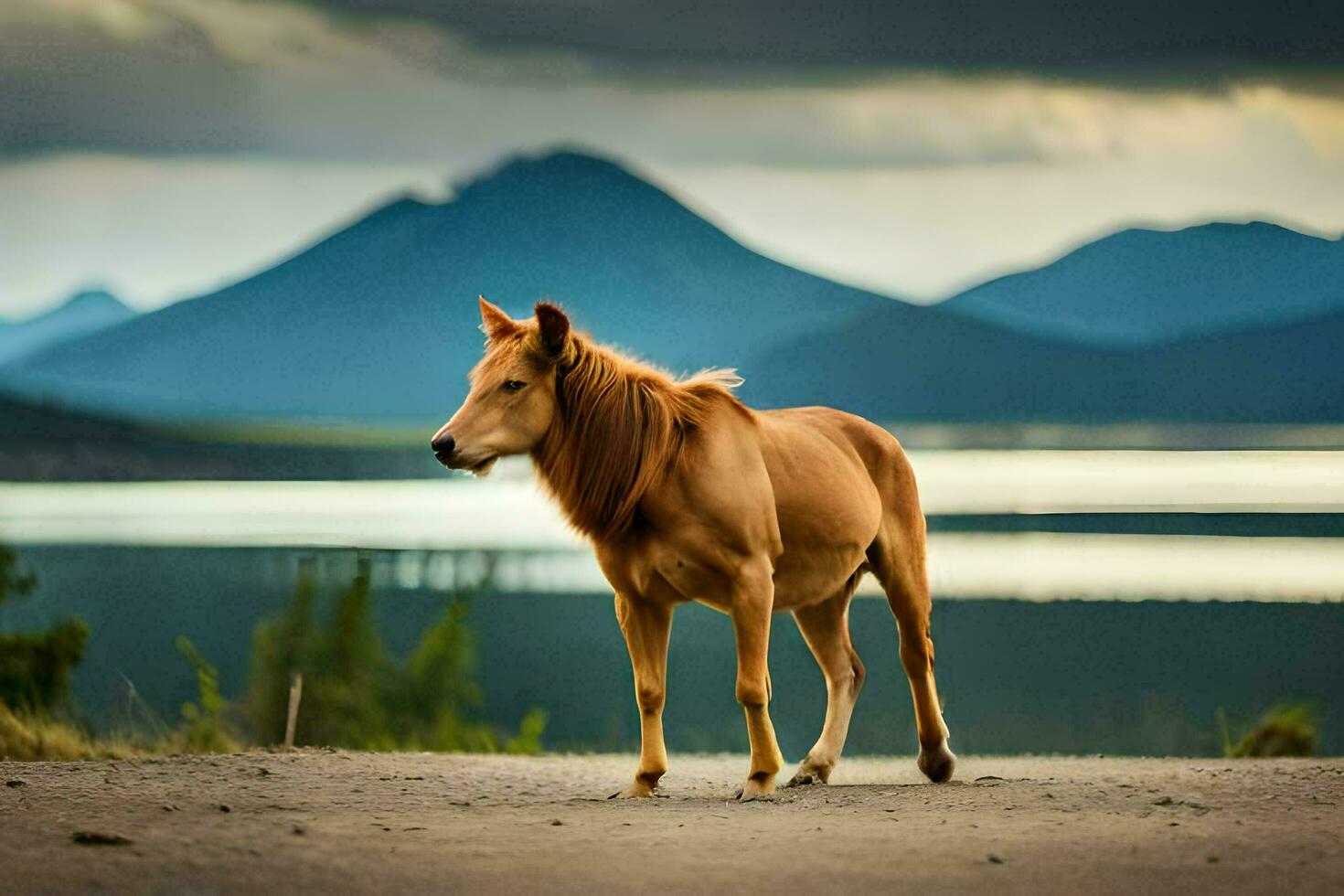 uma cavalo em pé em a estrada perto uma lago. gerado por IA foto
