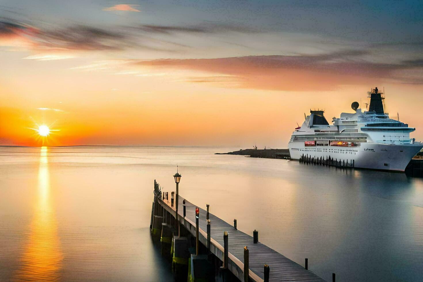 uma cruzeiro navio ancorado às a cais às pôr do sol. gerado por IA foto