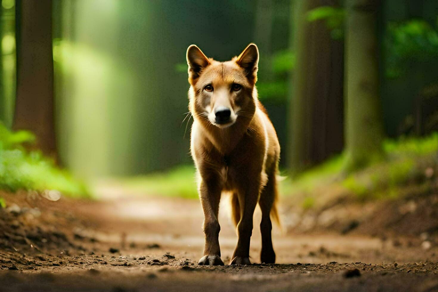 uma cachorro em pé em uma sujeira estrada dentro a madeiras. gerado por IA foto