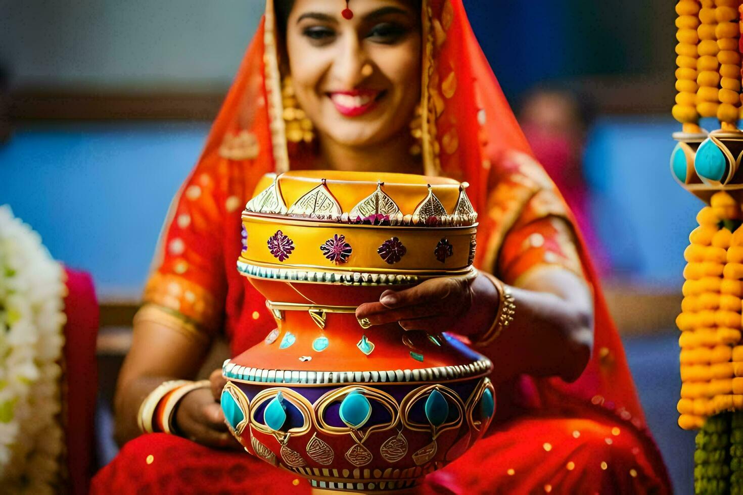 uma mulher dentro tradicional indiano vestuário segurando uma Panela. gerado por IA foto