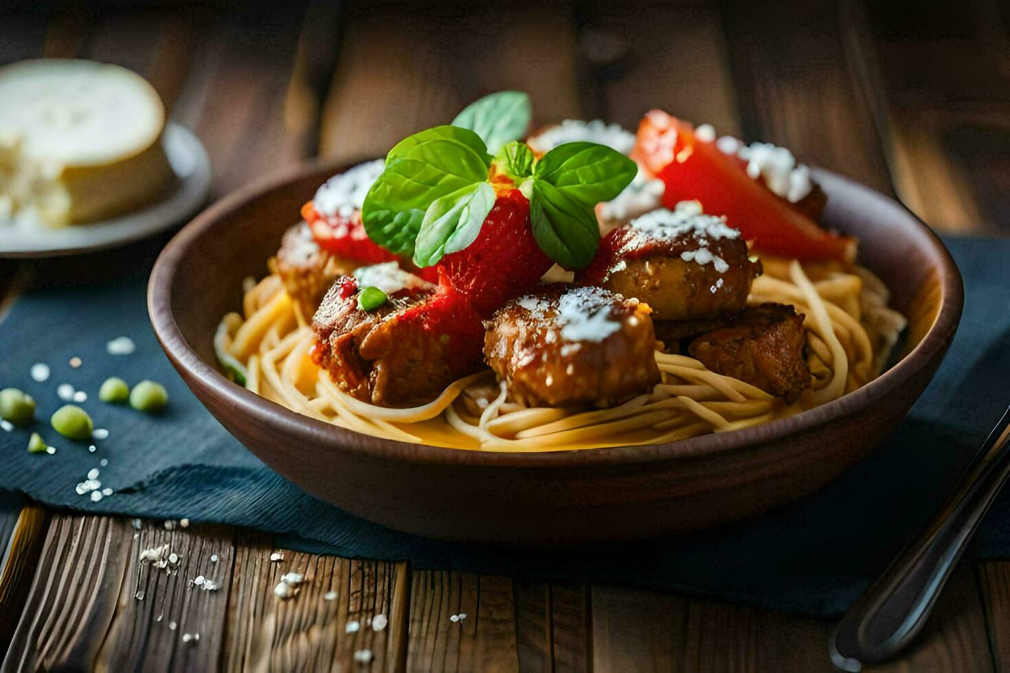 espaguete com almôndegas e tomates dentro uma de madeira tigela. gerado por IA foto